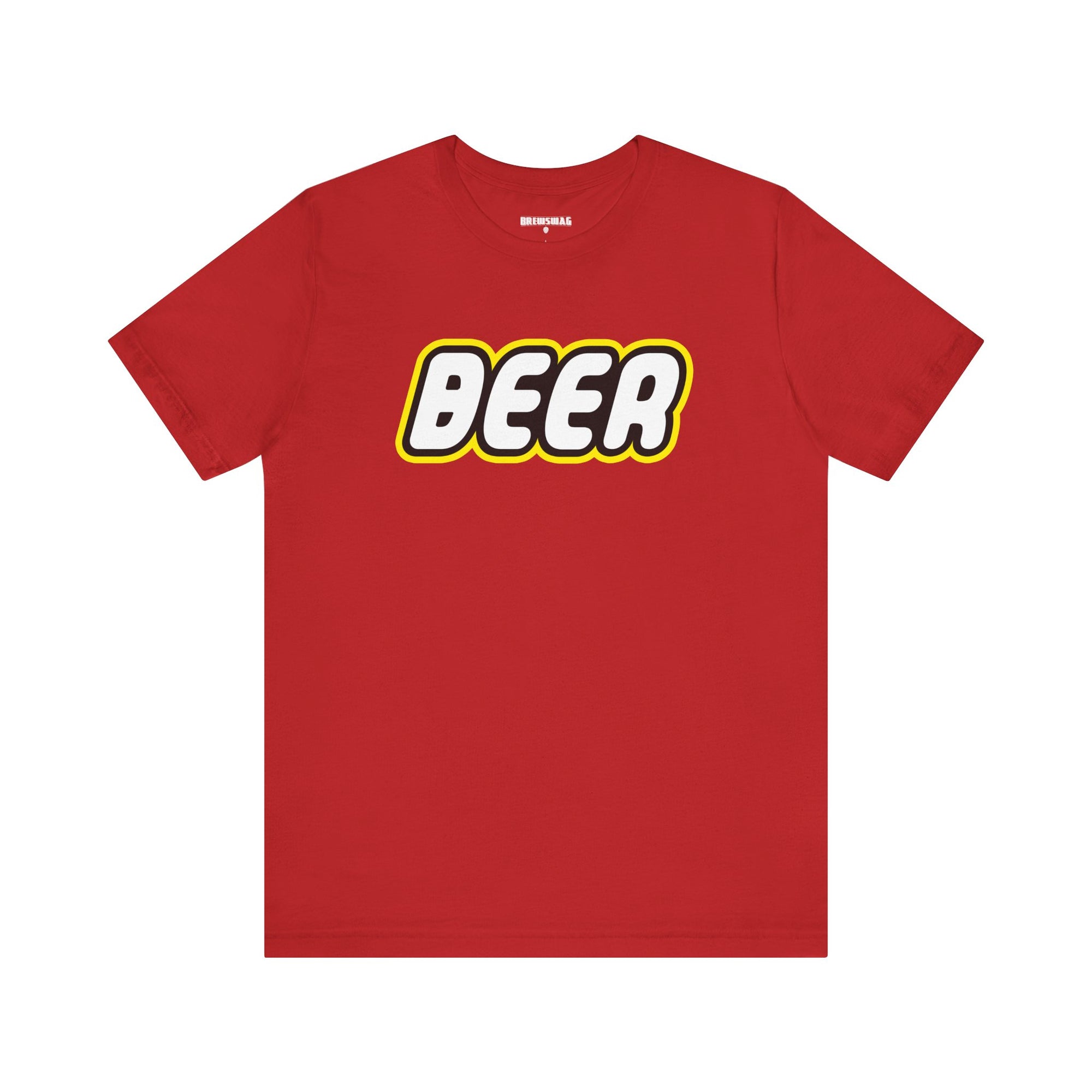 A laid-flat Beer Brick Building Blocks Men’s T-Shirt showcasing its bold and colorful design.