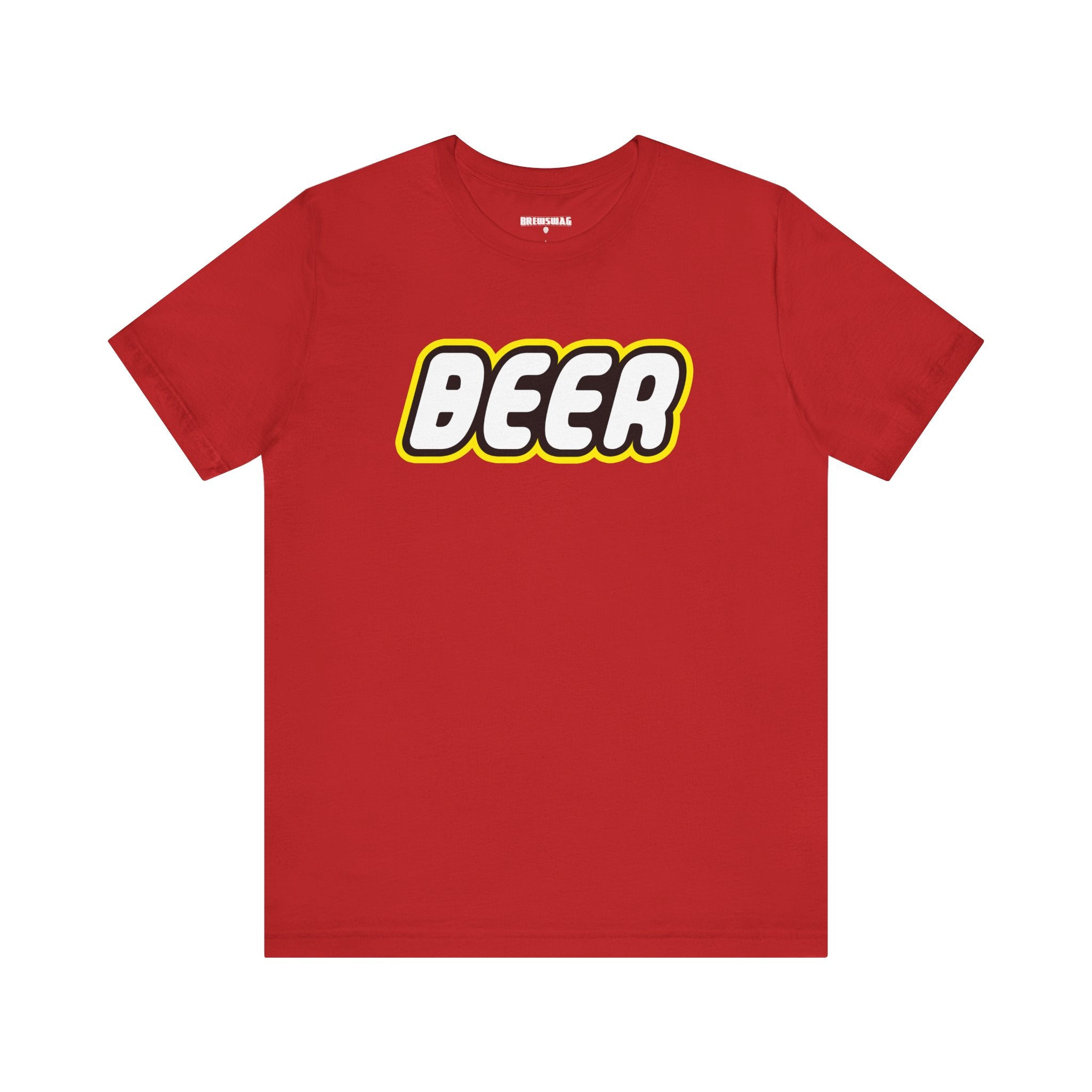 A laid-flat Beer Brick Building Blocks Men’s T-Shirt showcasing its bold and colorful design.