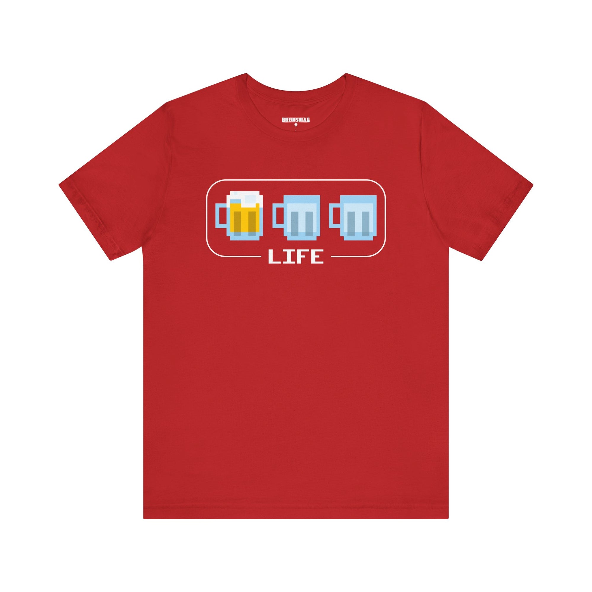 Beer Life Bar T-shirt in red, capturing low ‘beer health’ humor