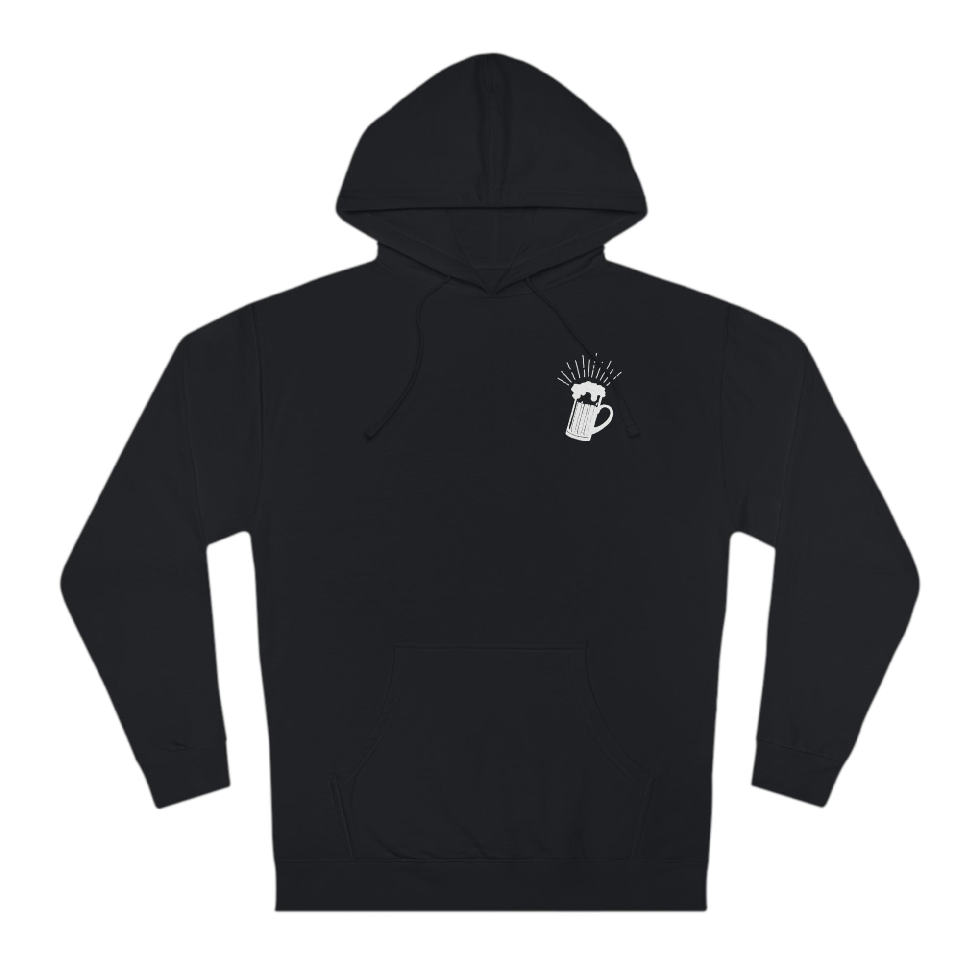 BrewSwag Beer is Living Proof hoodie with small beer mug on front and full quote on back