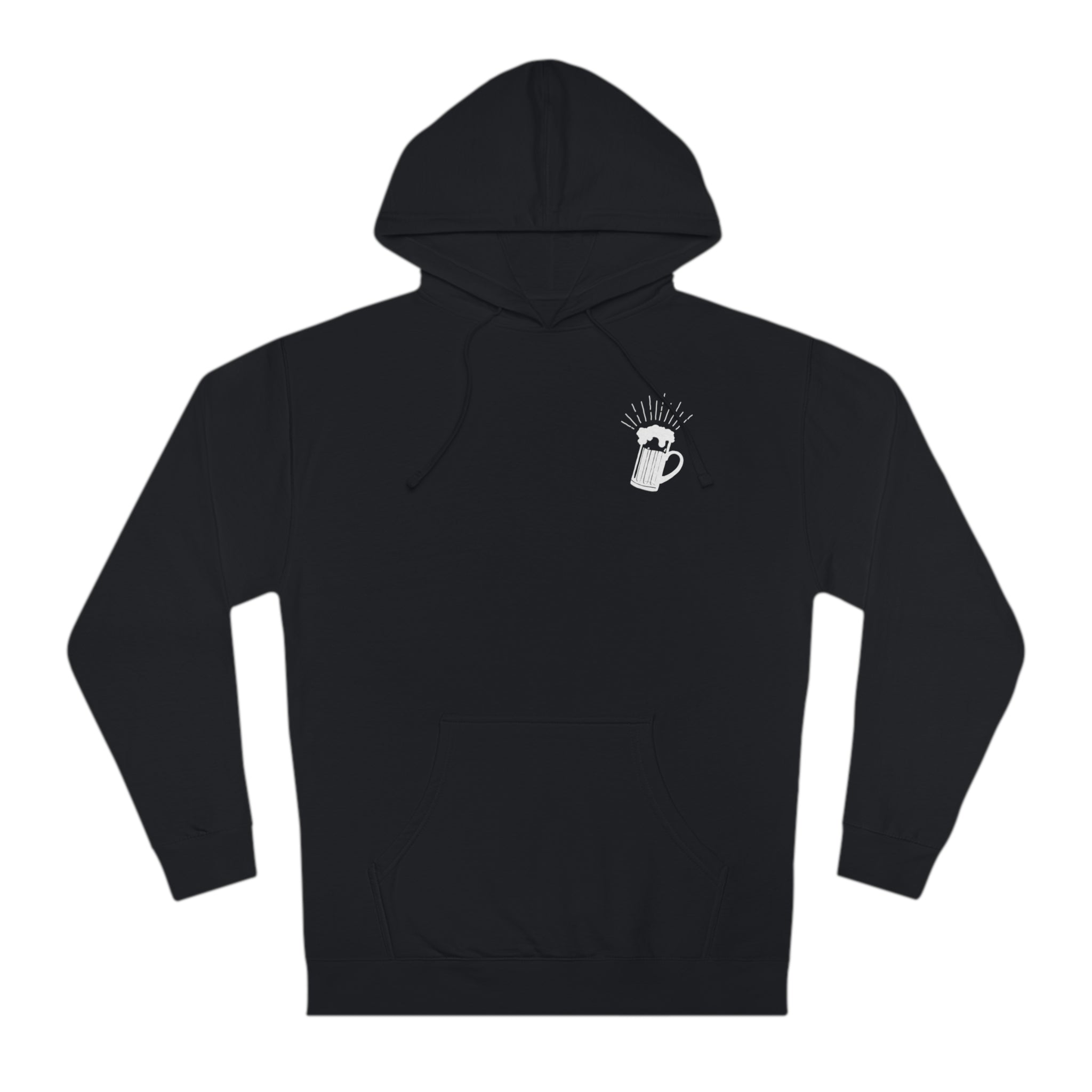 BrewSwag Beer is Living Proof hoodie with small beer mug on front and full quote on back