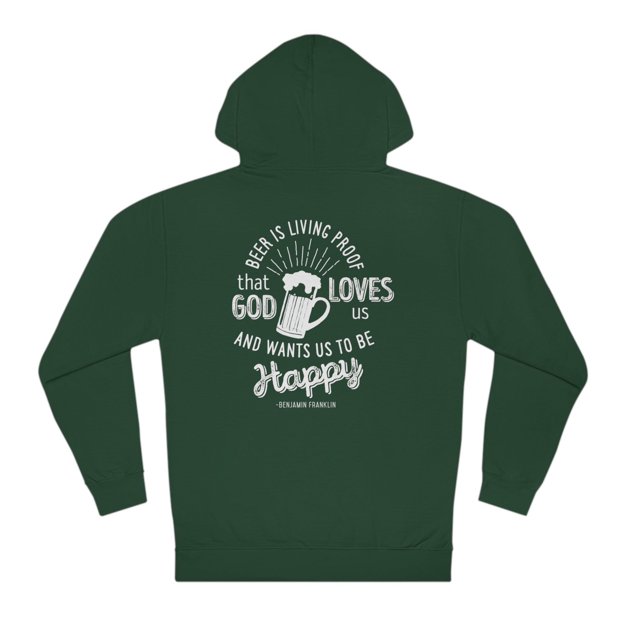 Cozy black hoodie featuring Ben Franklin’s rumored beer quote and mug graphic