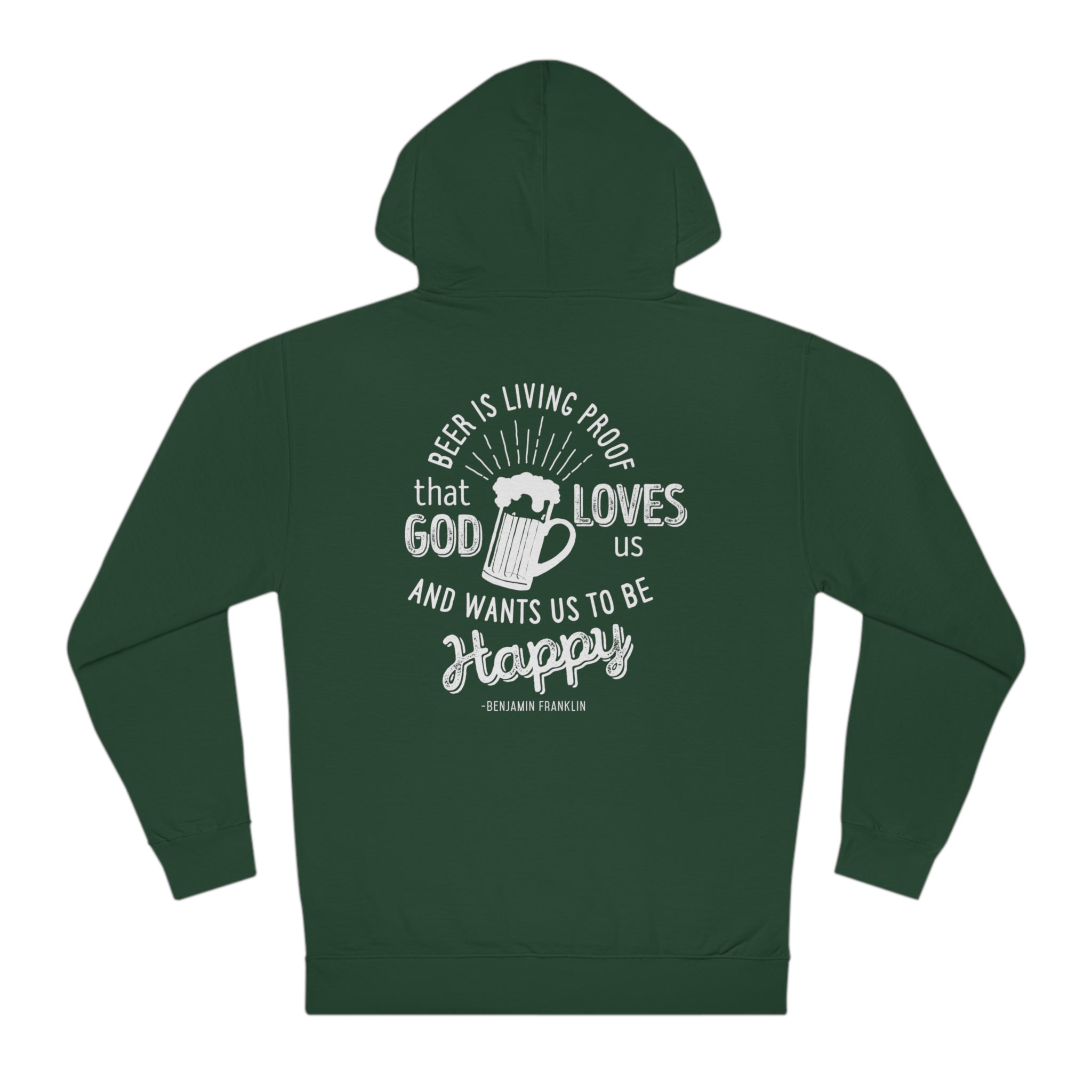 Cozy black hoodie featuring Ben Franklin’s rumored beer quote and mug graphic