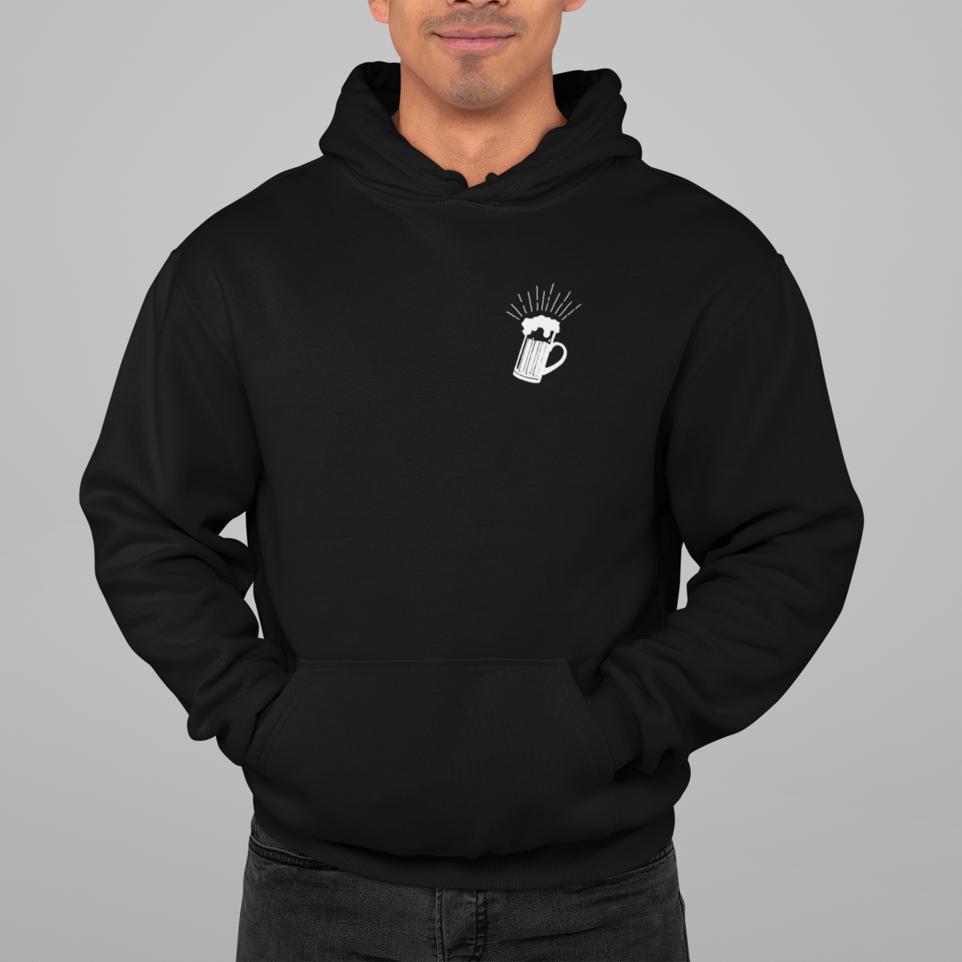 Black BrewSwag hoodie with small front mug icon, perfect for craft beer lovers