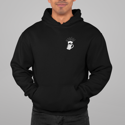 Black BrewSwag hoodie with small front mug icon, perfect for craft beer lovers