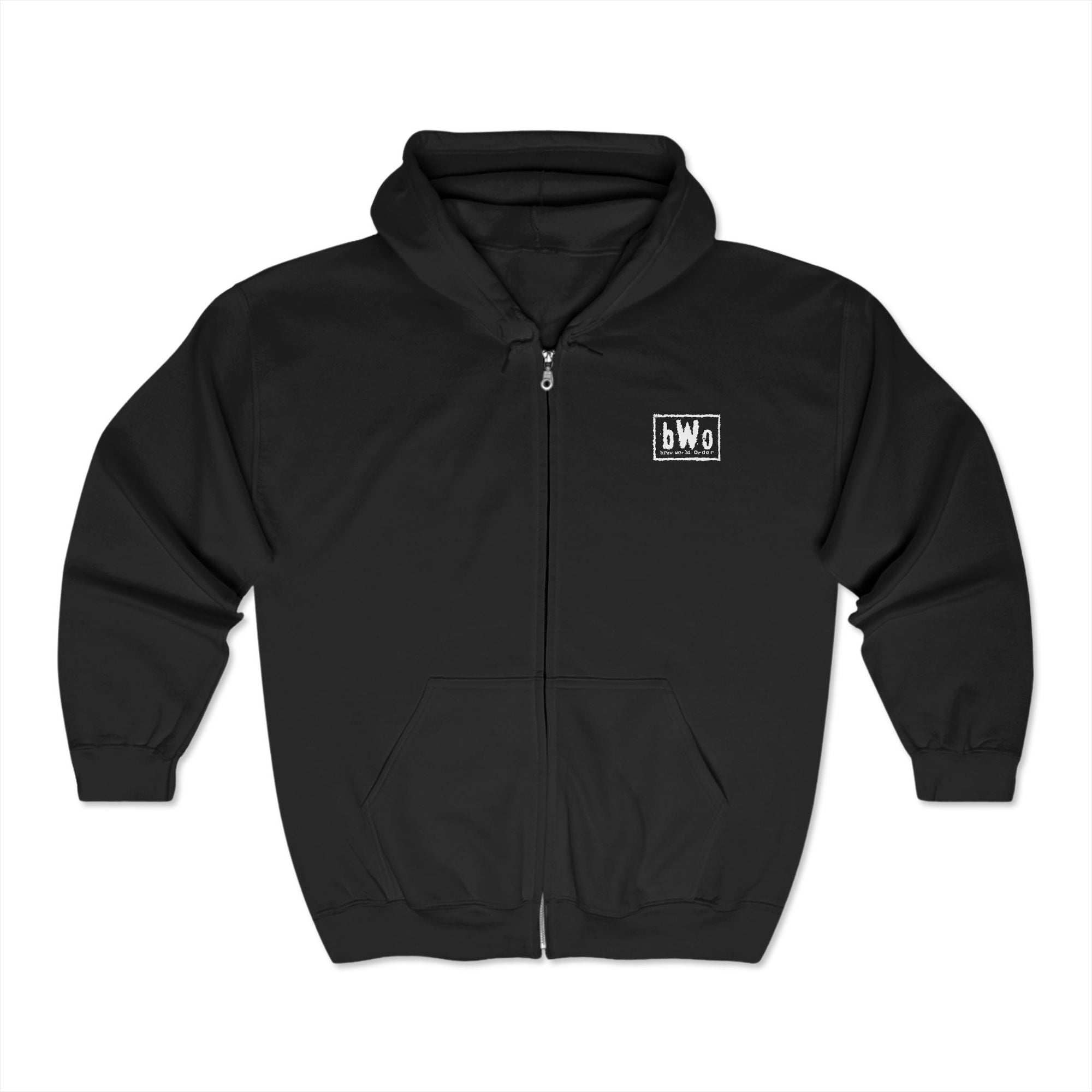 Black Brew World Order zip-up hoodie with small bWO logo on the front