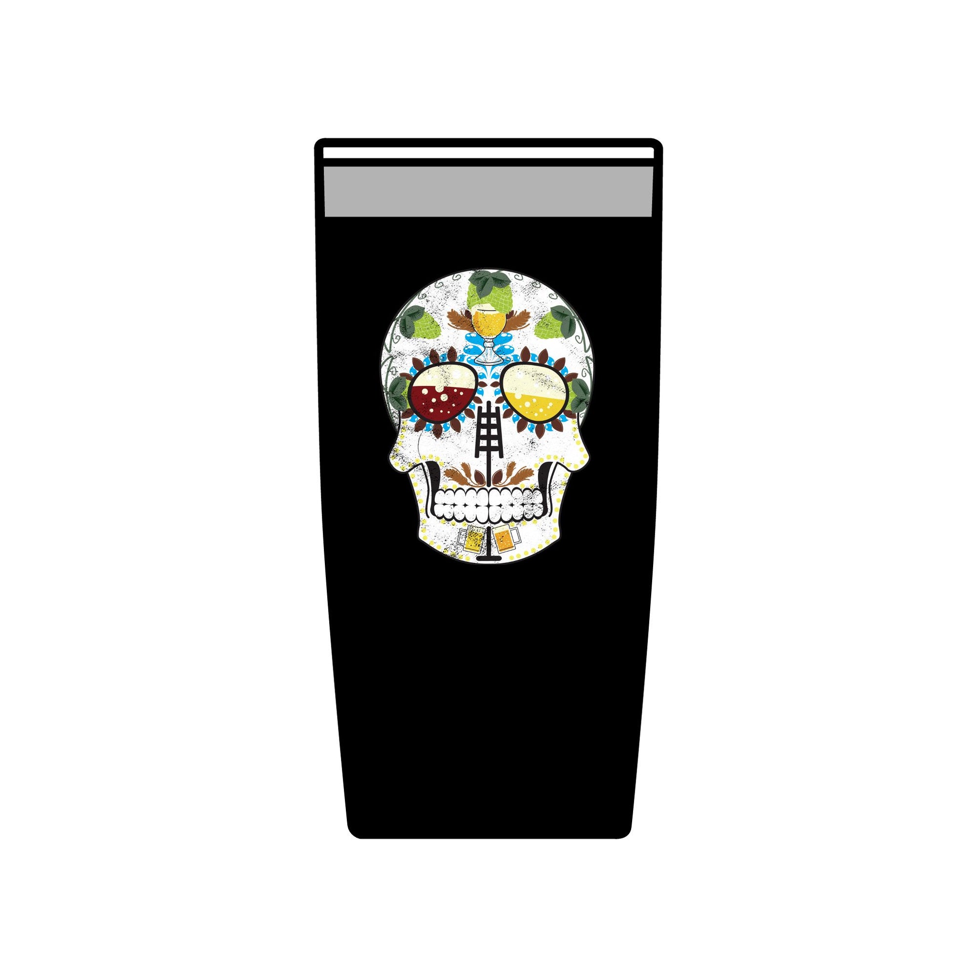 Black Brewer’s Sugar Skull Travel Mug with a colorful calavera motif for homebrewers