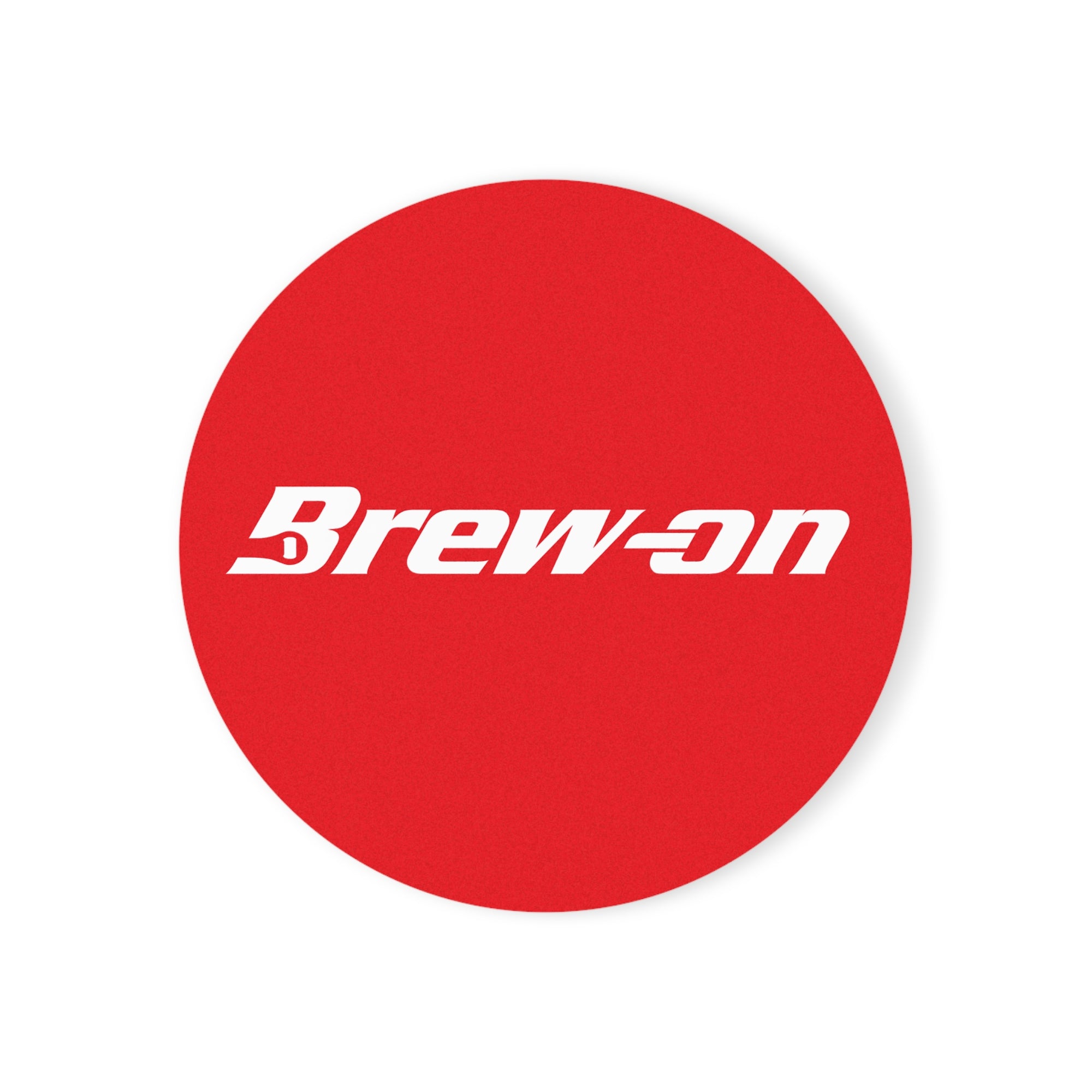 Brew-On coaster in red with white text, celebrating homebrew and beer gadgets