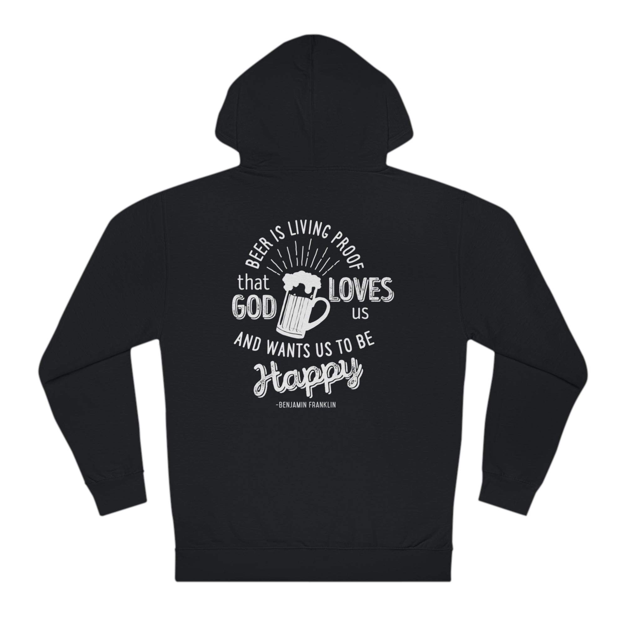 Unisex hoodie displaying a witty craft beer slogan and playful illustration