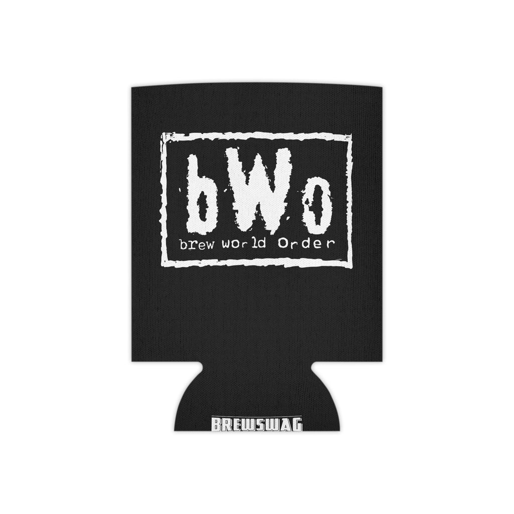 BrewSwag bWO can cooler in black with bold white Brew World Order lettering