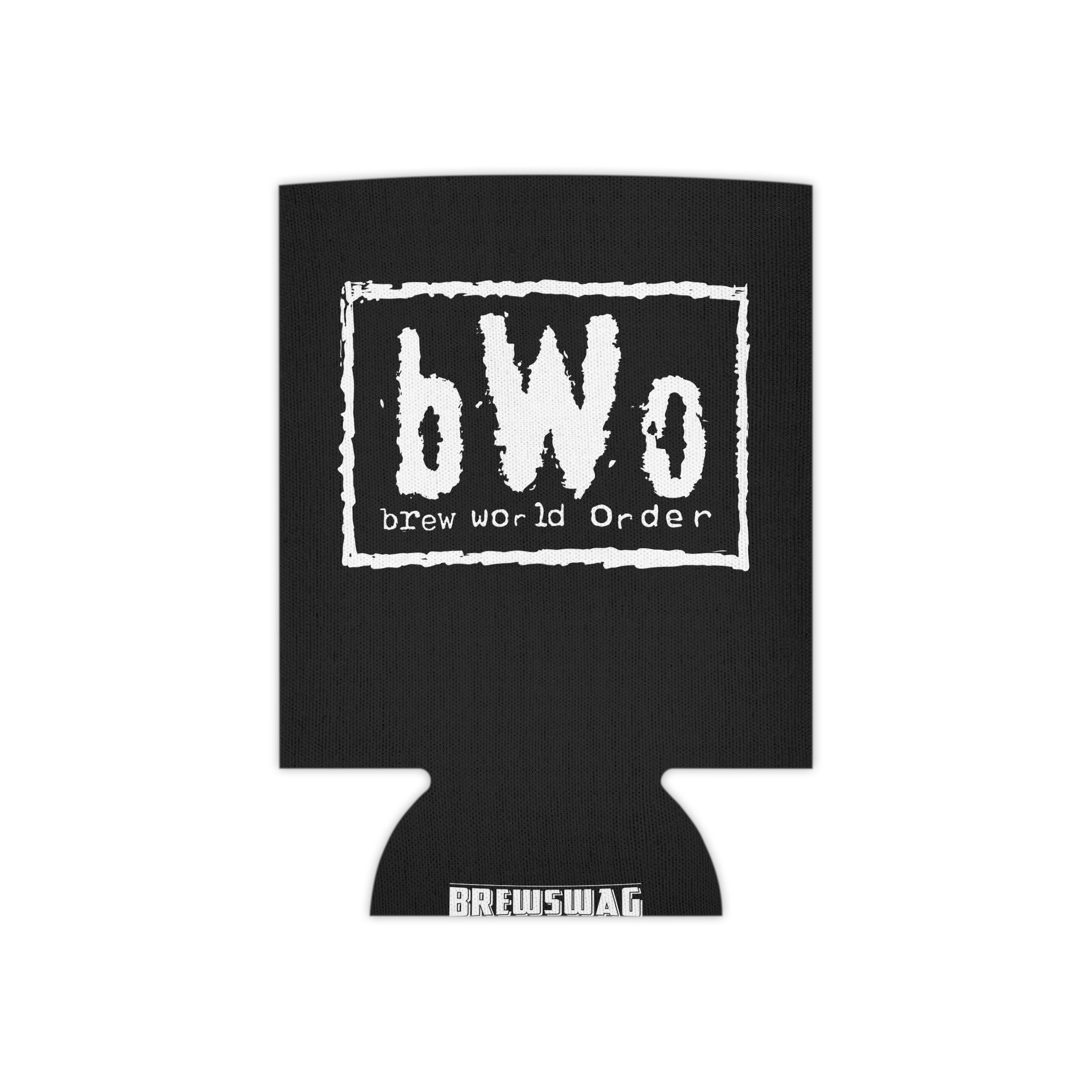 BrewSwag bWO can cooler in black with bold white Brew World Order lettering
