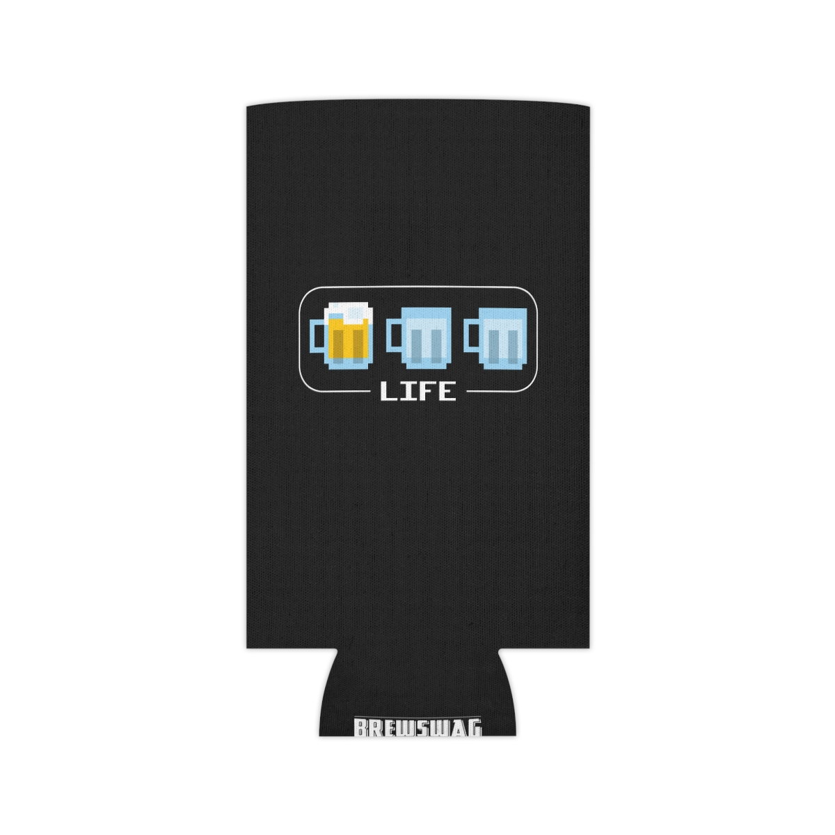 Close-up of Beer Life Bar print on a black neoprene cooler for 12 oz cans