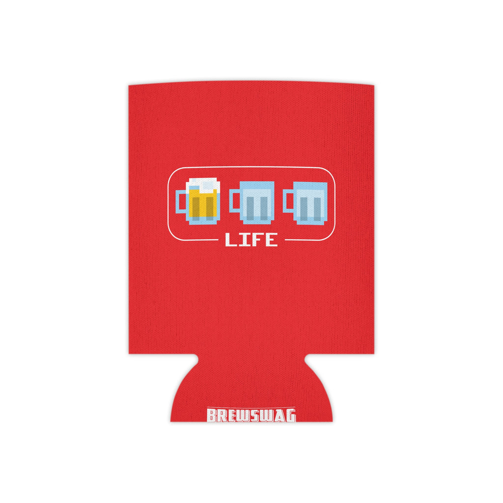 Close-up of Beer Life Bar print on a red neoprene cooler for 12 oz cans