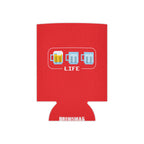 Close-up of Beer Life Bar print on a red neoprene cooler for 12 oz cans