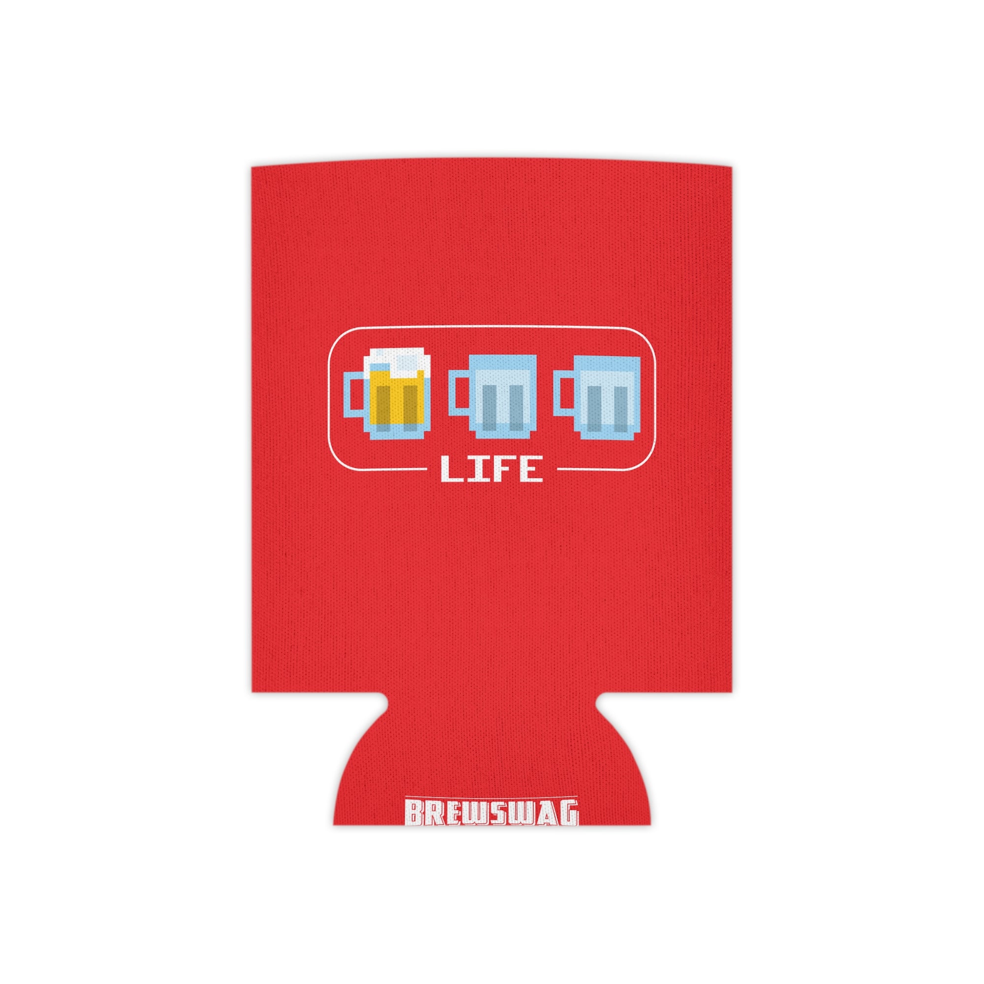 Close-up of Beer Life Bar print on a red neoprene cooler for 12 oz cans