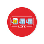 Close-up of BrewSwag’s gamer-themed coaster featuring three beer mug icons