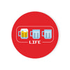 Close-up of BrewSwag’s gamer-themed coaster featuring three beer mug icons