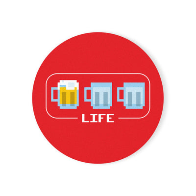 Close-up of BrewSwag’s gamer-themed coaster featuring three beer mug icons