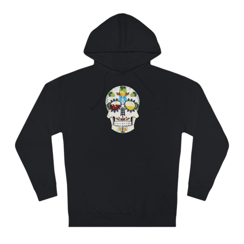 Close-up of calavera-style artwork featuring craft beer elements on a cozy hoodie