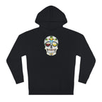 Close-up of calavera-style artwork featuring craft beer elements on a cozy hoodie