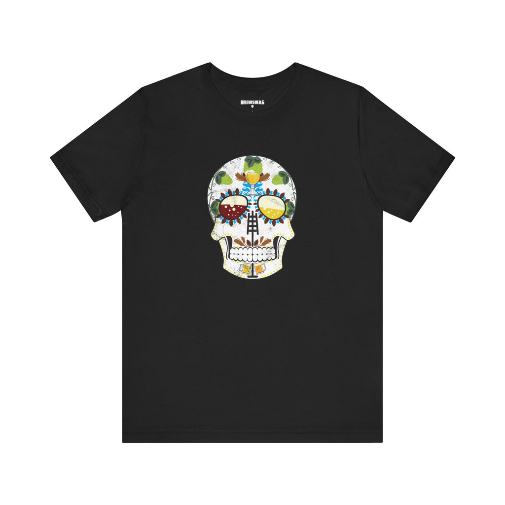 Close-up of sugar skull graphic on a craft beer-themed T-shirt