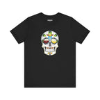 Close-up of sugar skull graphic on a craft beer-themed T-shirt