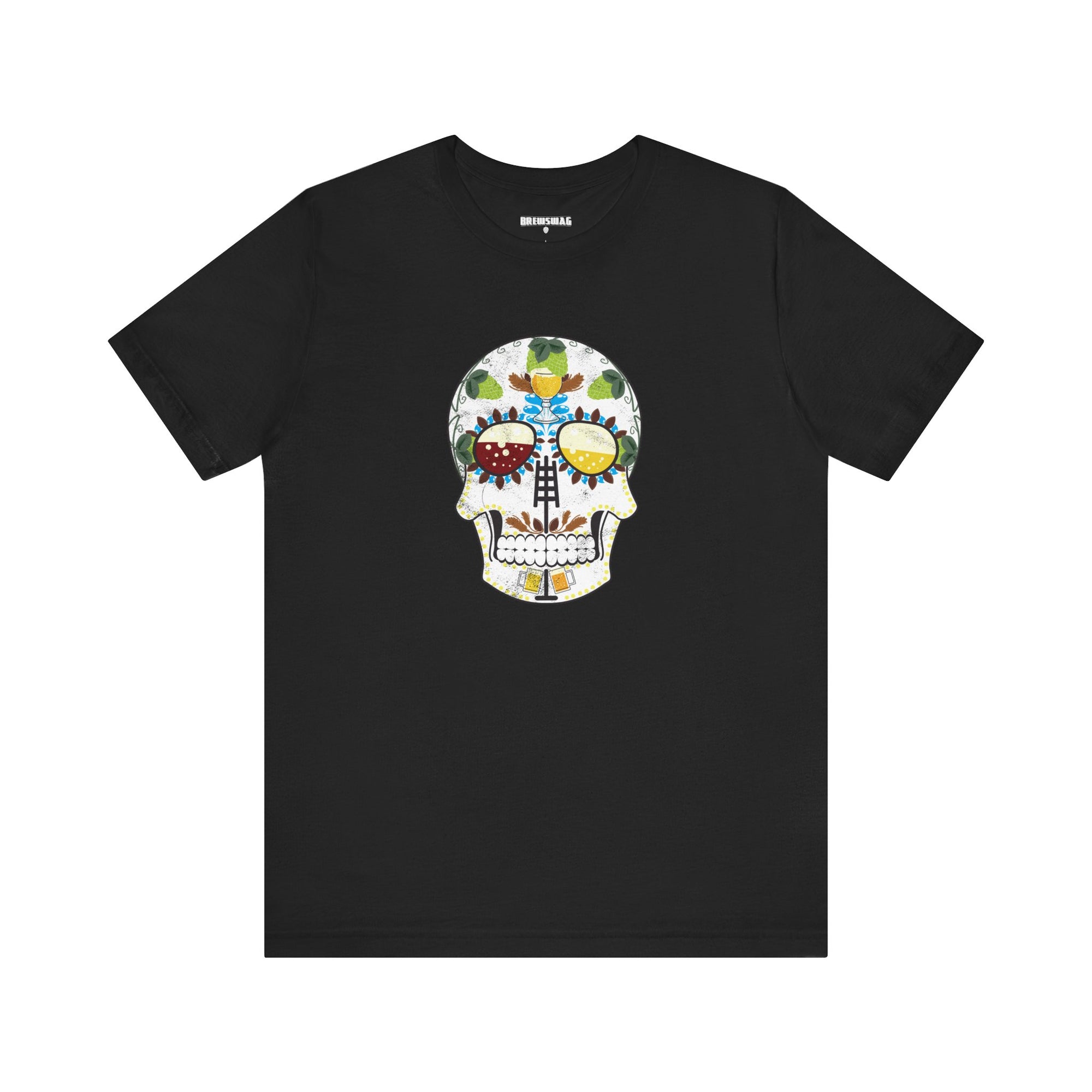 Close-up of sugar skull graphic on a craft beer-themed T-shirt