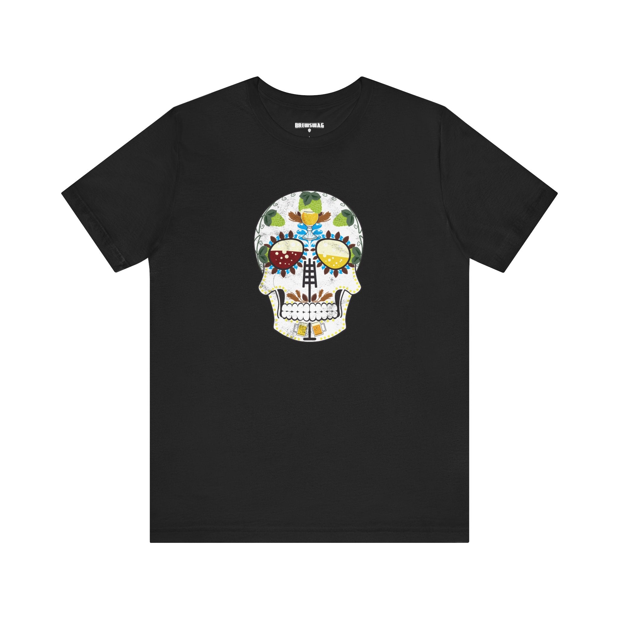 Close-up of sugar skull graphic on a craft beer-themed T-shirt