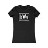 Close-up of the bWO design on a fitted women’s black T-shirt
