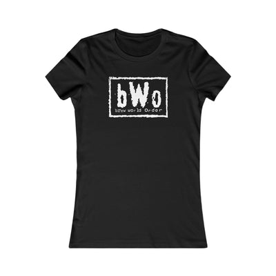 Close-up of the bWO design on a fitted women’s black T-shirt