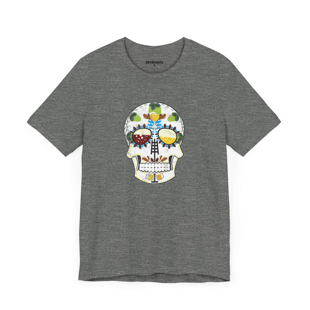 Colorful calavera design with beer mugs and wheat elements on ring-spun cotton