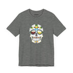 Colorful calavera design with beer mugs and wheat elements on ring-spun cotton