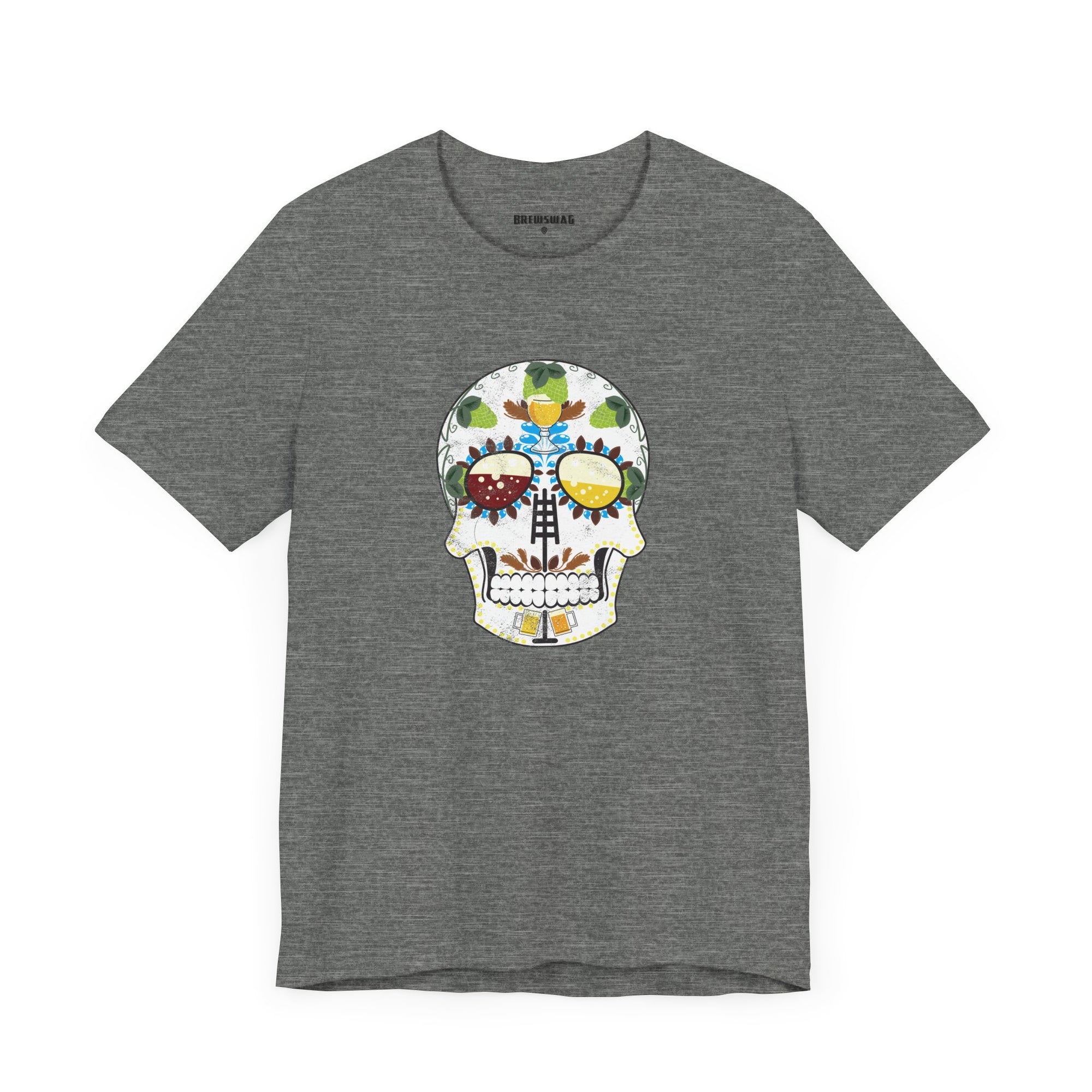 Colorful calavera design with beer mugs and wheat elements on ring-spun cotton