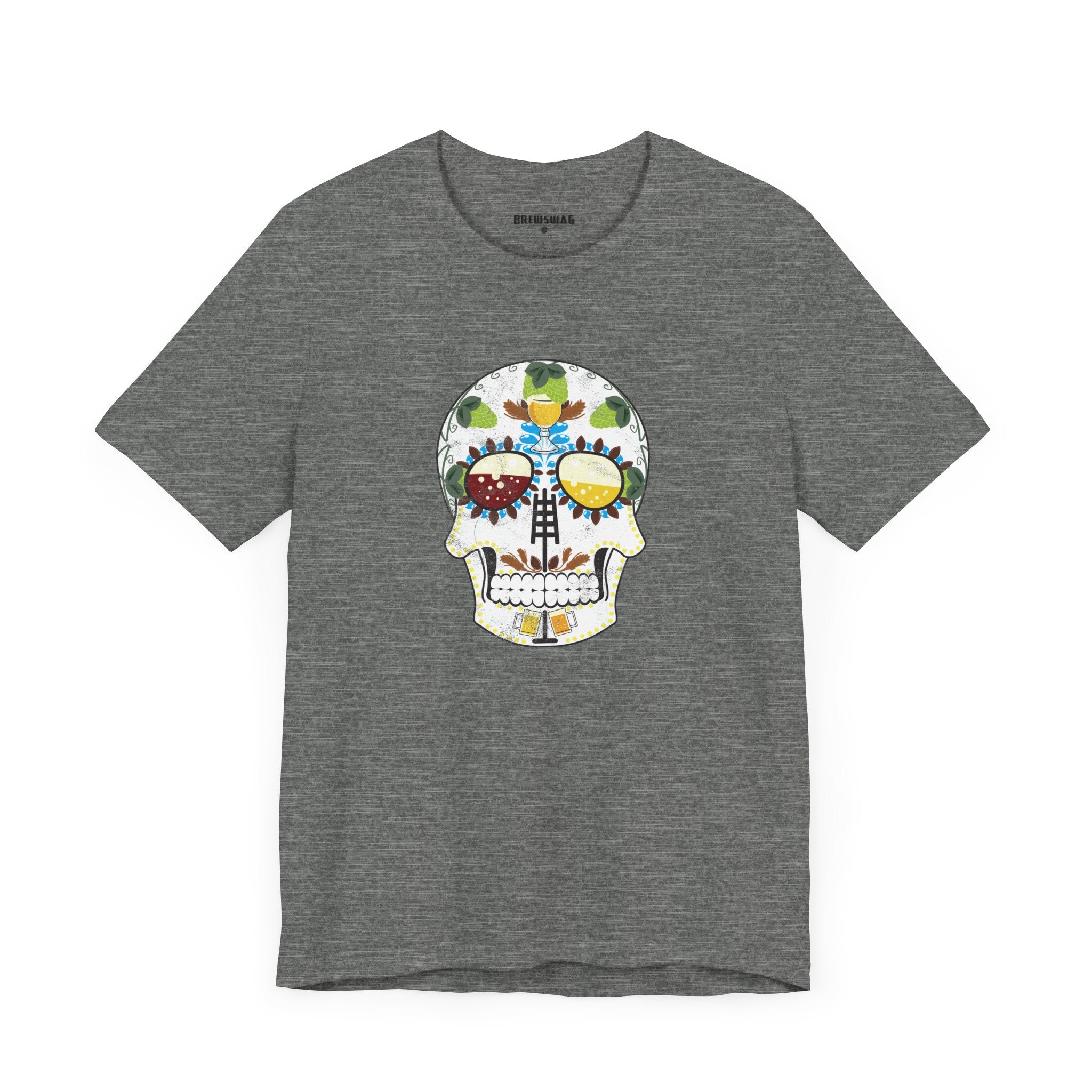 Colorful calavera design with beer mugs and wheat elements on ring-spun cotton