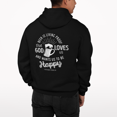 Cotton/poly blend hoodie in black, showcasing minimal front design and bold back print