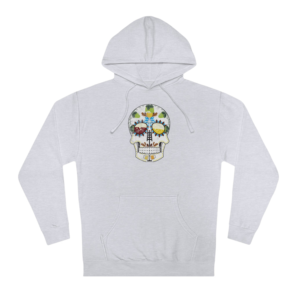 Cotton/poly blend hoodie showcasing an intricate sugar skull motif for beer lovers