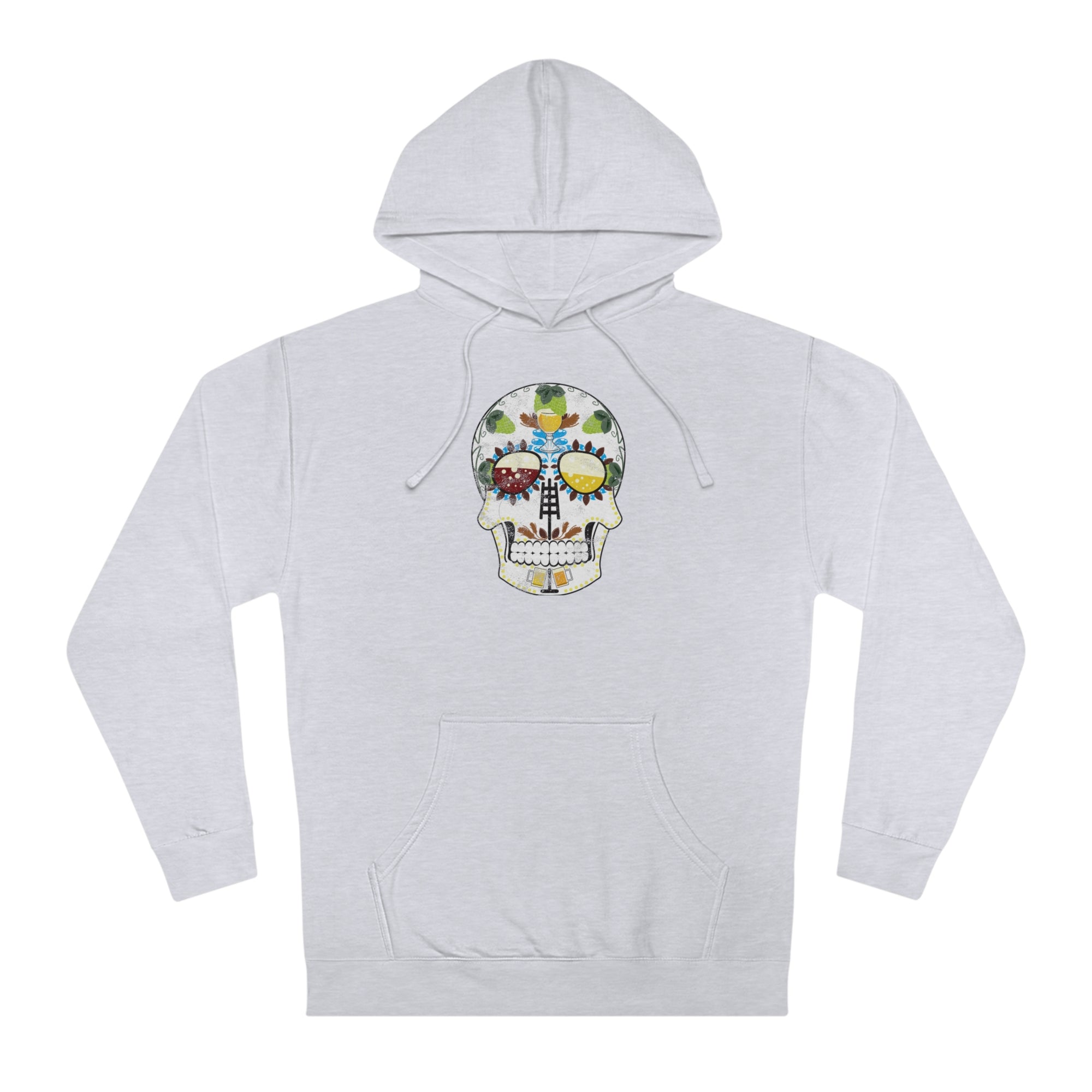 Cotton/poly blend hoodie showcasing an intricate sugar skull motif for beer lovers