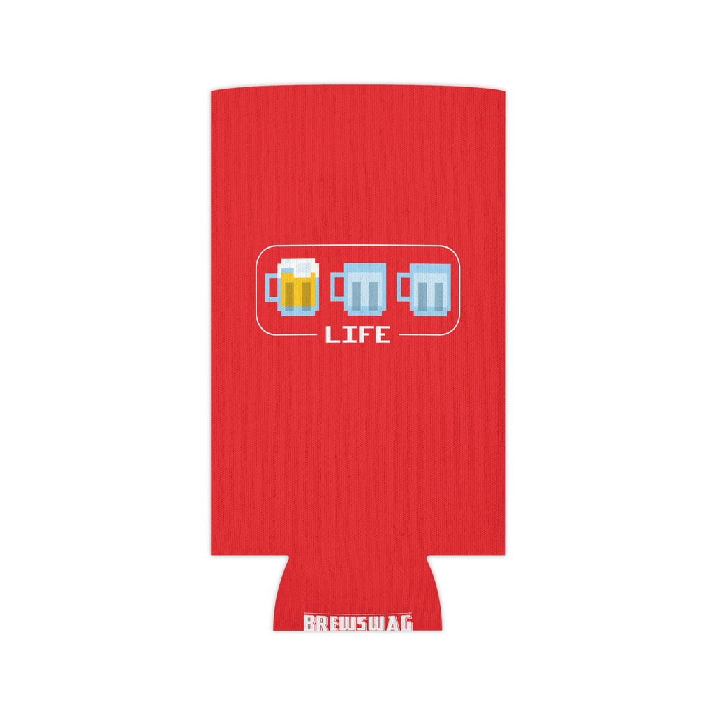 Craft beer can cooler with 80s/90s gaming-inspired life bar illustration