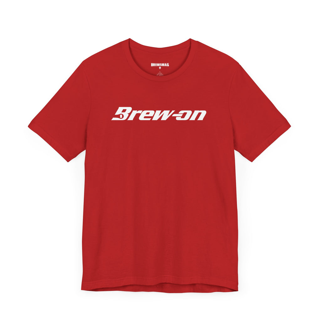Front detail of the Brew-On design inspired by popular mechanic-style branding