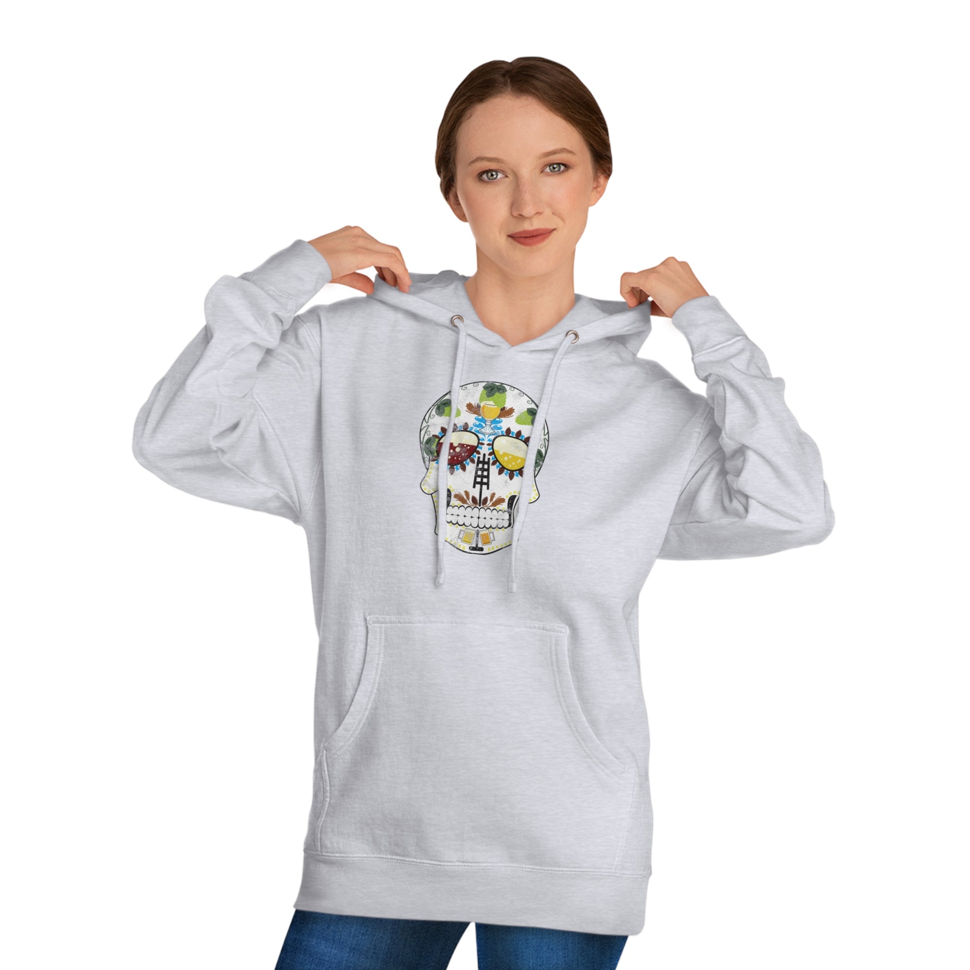 Front view of the Brewer’s Sugar Skull pullover highlighting bright and detailed graphics