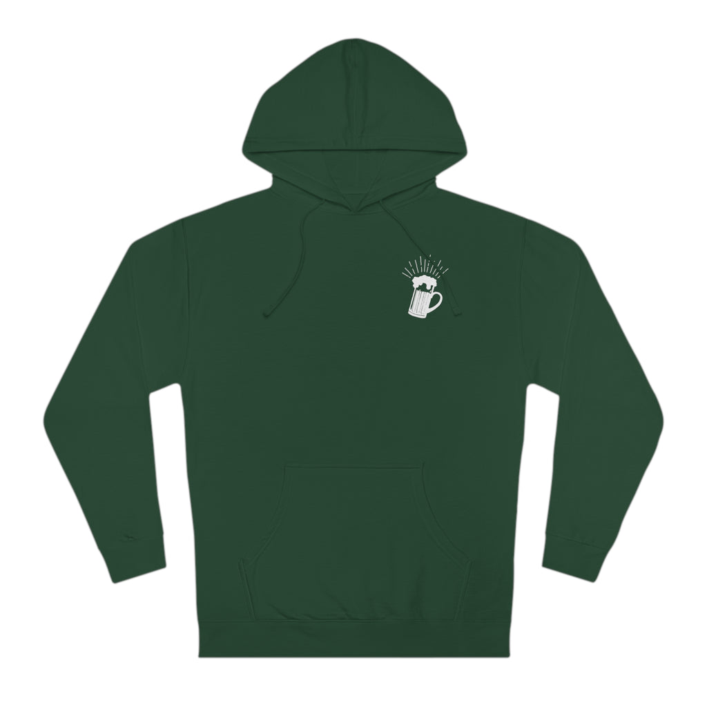 Green hoodie from BrewSwag showing front beer mug detail and text design on back