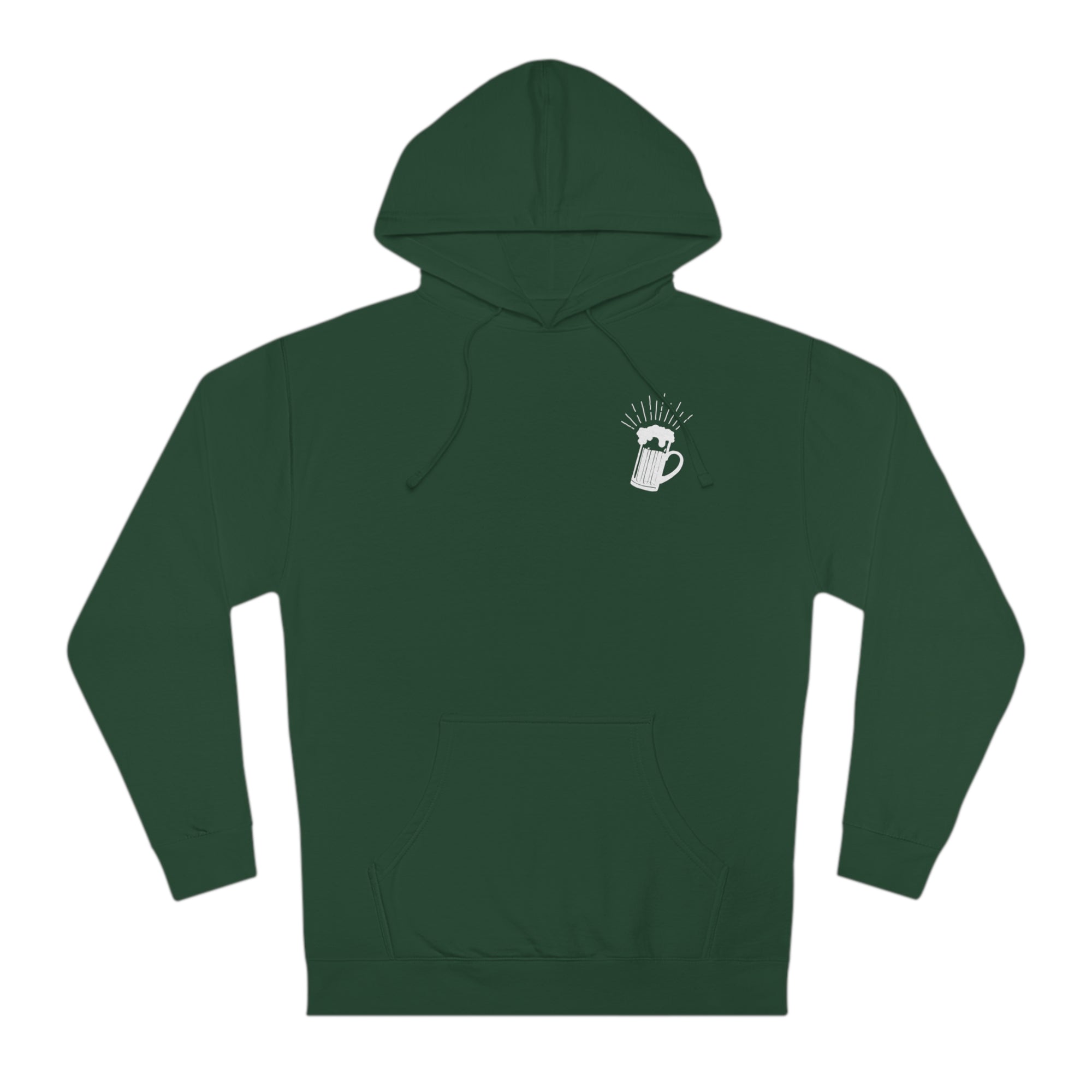Green hoodie from BrewSwag showing front beer mug detail and text design on back