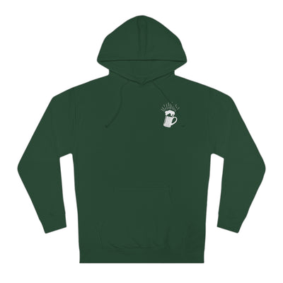 Green hoodie from BrewSwag showing front beer mug detail and text design on back