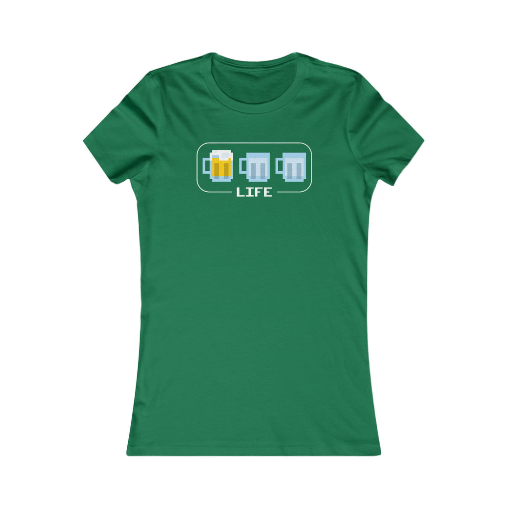 Green women’s tee referencing classic arcade life bars, now with beer mugs