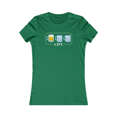 Green women’s tee referencing classic arcade life bars, now with beer mugs