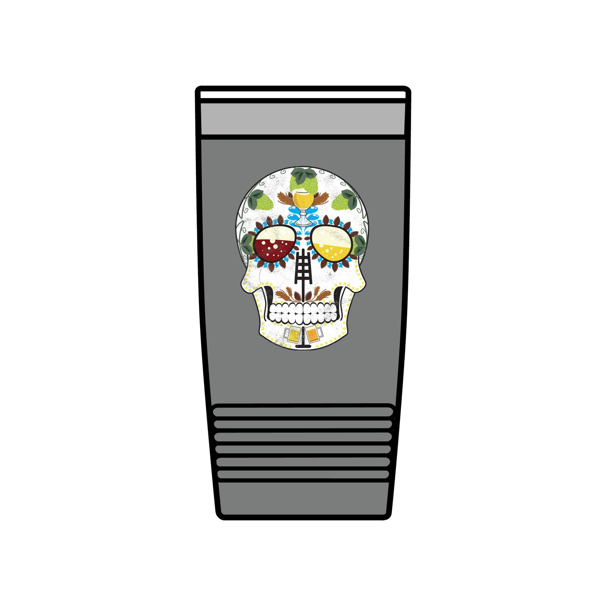 Grey double-walled vacuum-sealed mug showing vibrant craft beer skull illustration