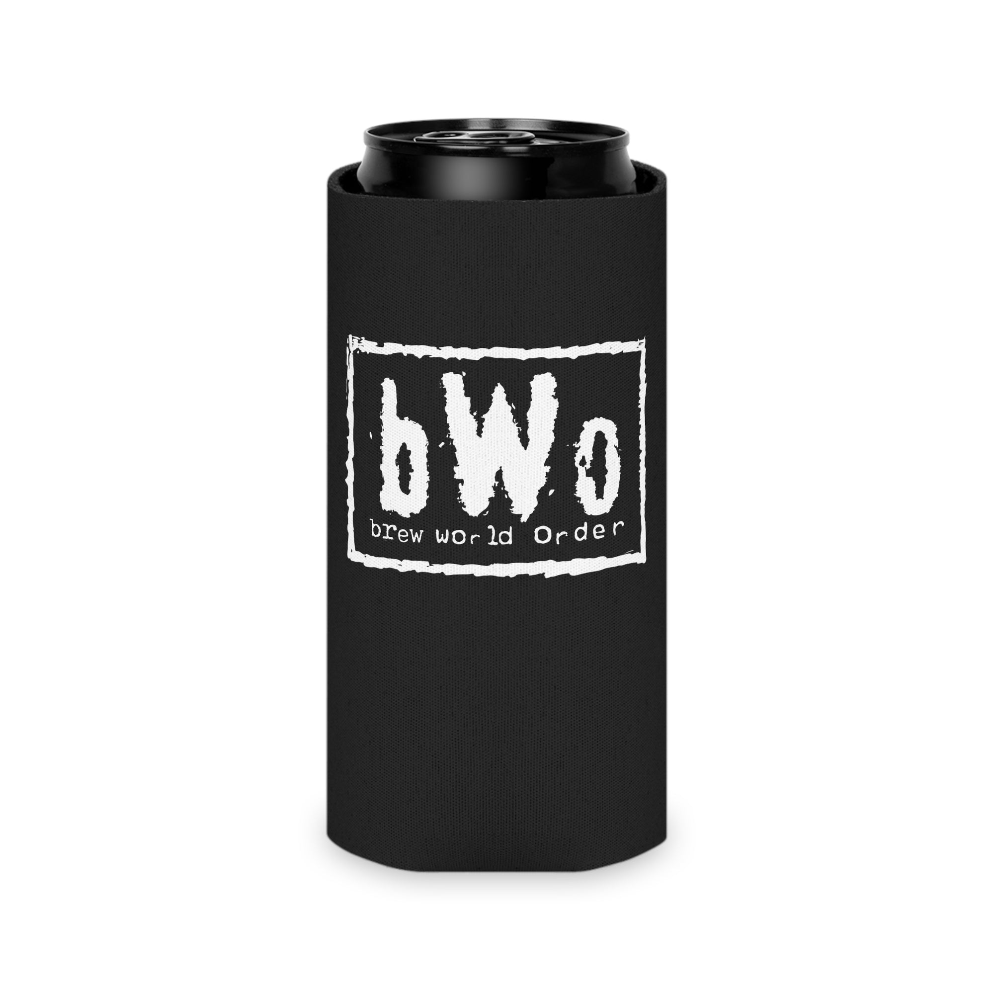 Insulating neoprene can cooler showing Brew World Order text in white