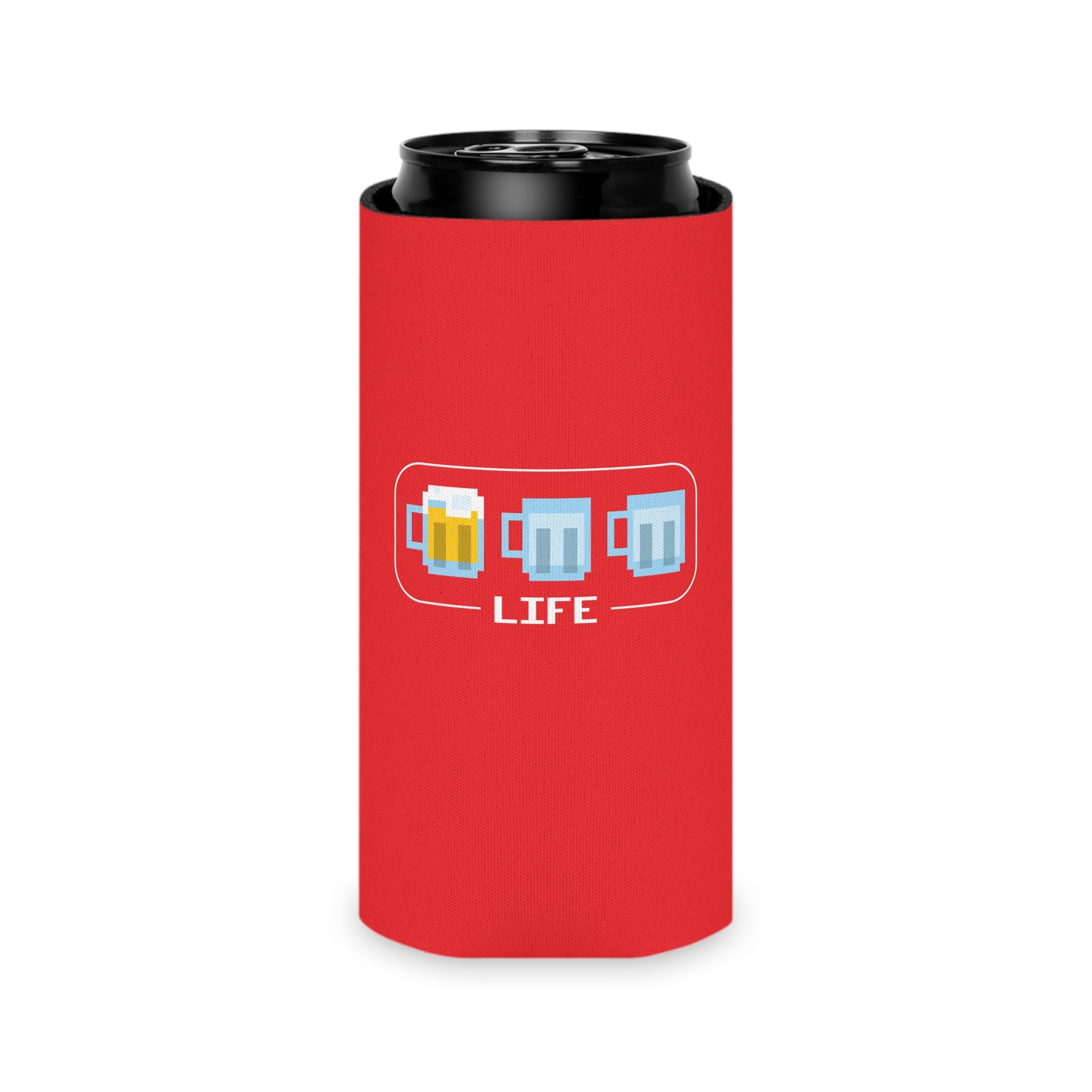 Neoprene can sleeve with three beer mugs graphic, showing only one full mug