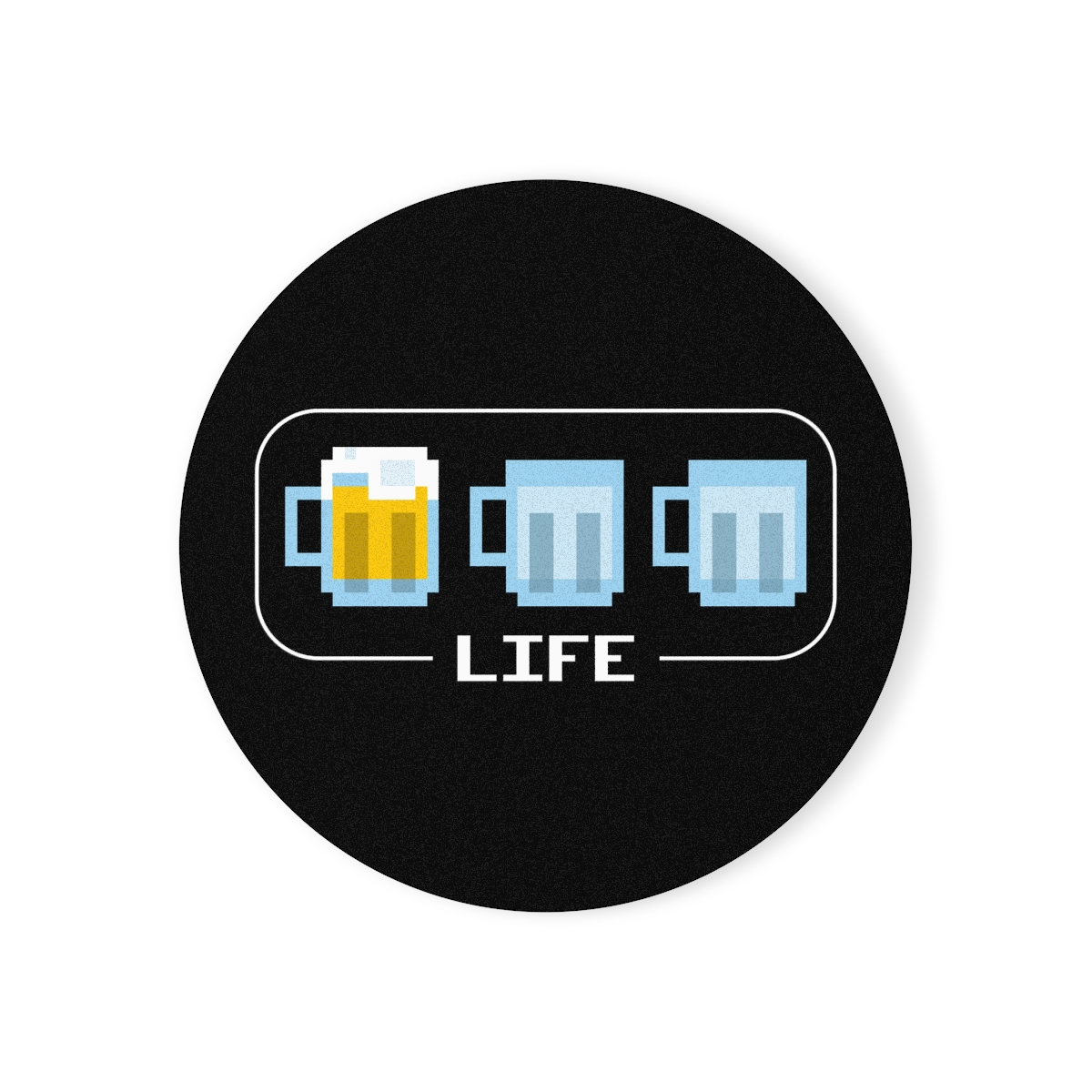 Round ceramic coaster showing low ‘beer health’ with one full mug left