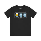 Stylized gamer shirt referencing 80s/90s life meter with beer mugs